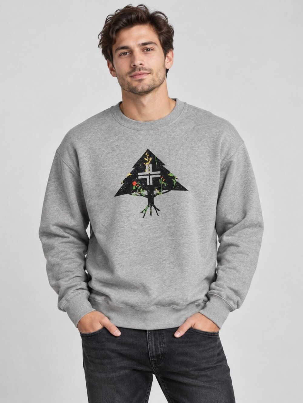 Lrg Gray Crewneck Sweatshirt with Black Geometric Tree Graphic Unisex